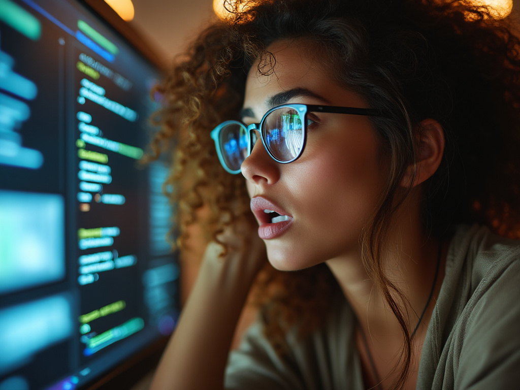 A stunned woman looking at a computer screen