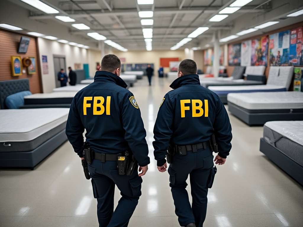 A group of agents in FBI jackets raid a show floor at a mattress mart store