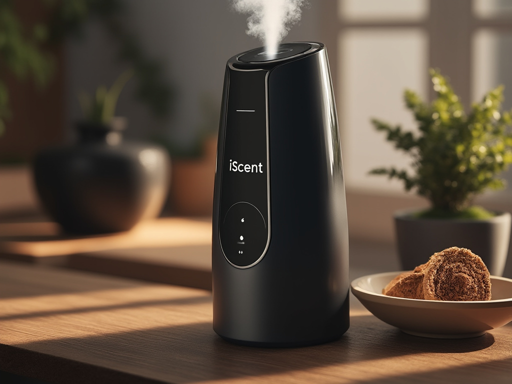 A modern, sleek-looking device labeled 'iScent' emitting a fragrant mist