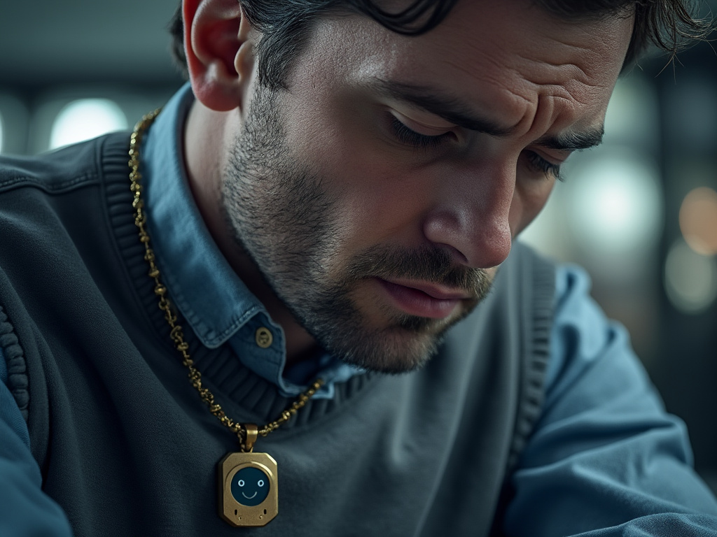 A sleep-deprived and stressed man wearing a bizarre AI amulet. It resembles a USB thumb drive.