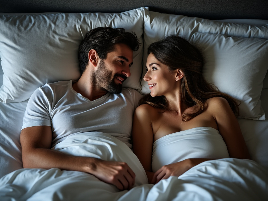 A married couple talking in bed while a mischievous and evil looking face is seen in the mattress