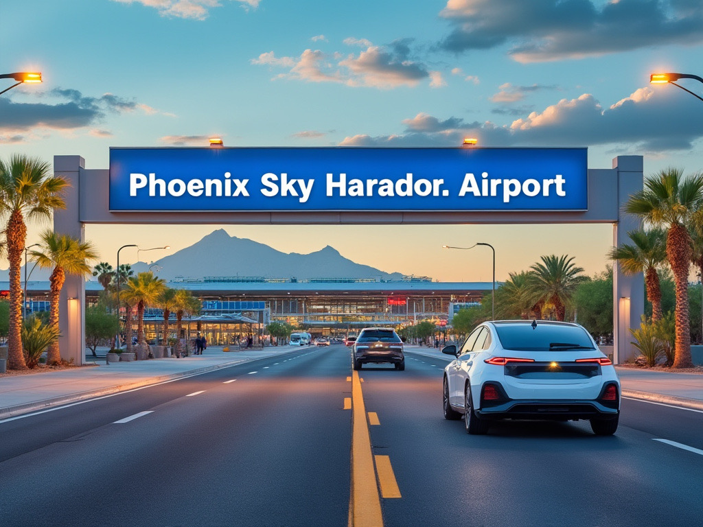 Phoenix Sky Harbor International Airport entrance and road with an AI robot Waymo car Photoshopped in