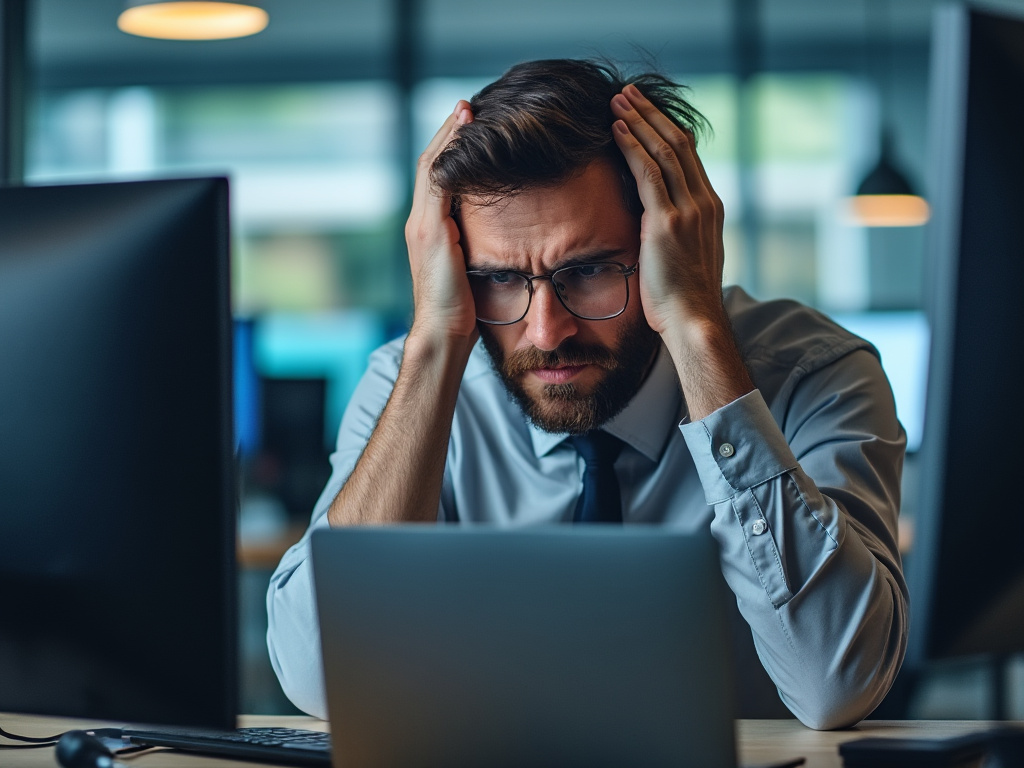 An office worker looks frustrated as their computer restarts for updates.