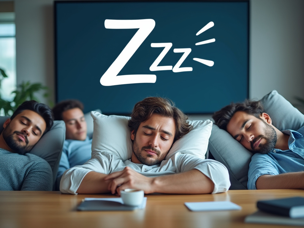 A picture of exhausted employees snoozing during a video conference, with a comically large ZZZ floating above their heads