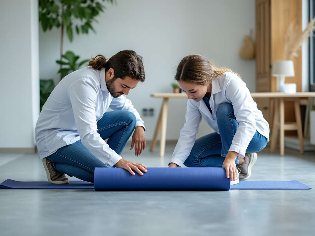 Researchers are crouched down, looking at a yoga mat.