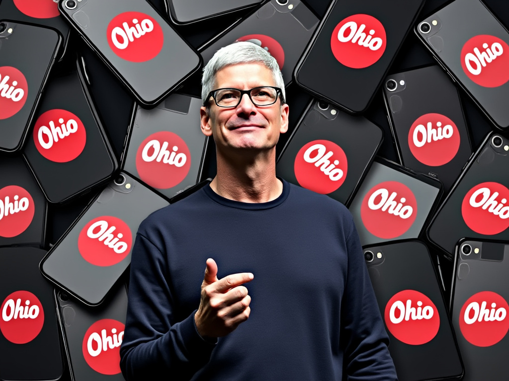 Tim Cook surrounded by iPhones that say "Ohio"