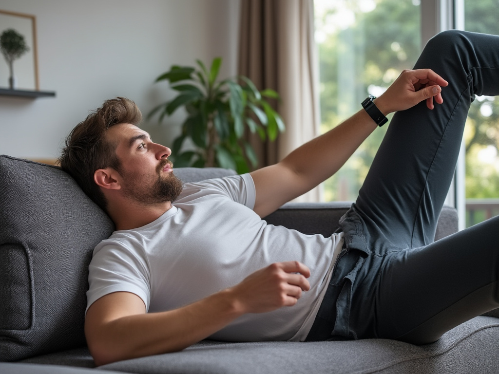 A bemused person falling off their couch while trying to understand fitness tracker statistics