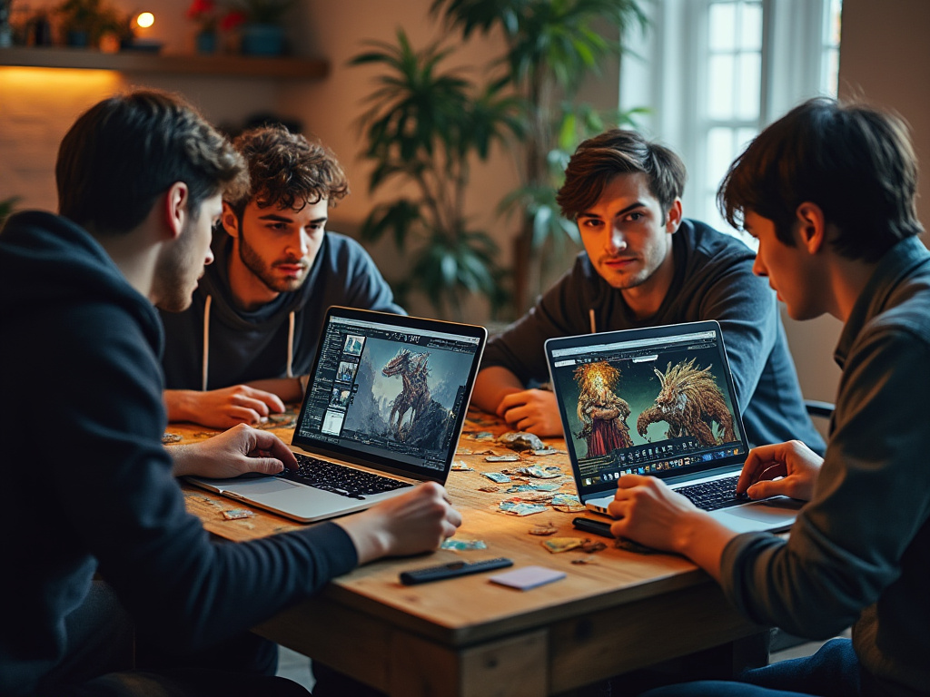 a group of young men sitting around a table playing Dungeons and Dragons with several computers on the table