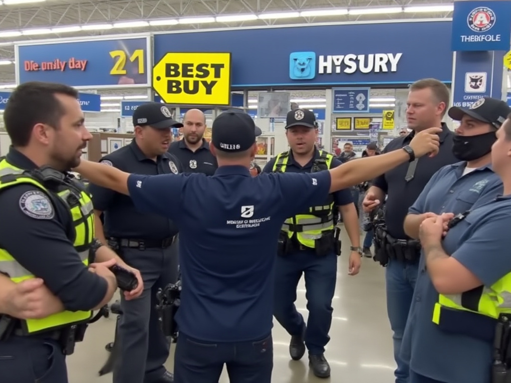 Workers screaming and brandishing weapons at a sales executive standing in best buy