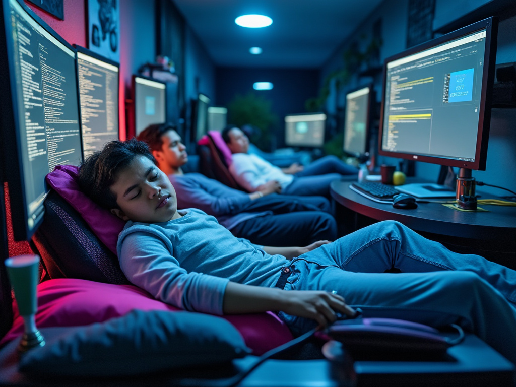 A group of tech employees sleeping at their desks, surrounded by high-tech gadgets