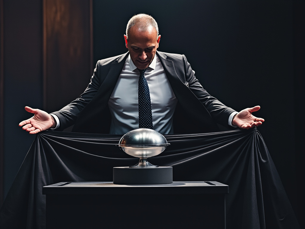 A man in a suit dramatically unveiling a sleek, metallic paperweight on stage