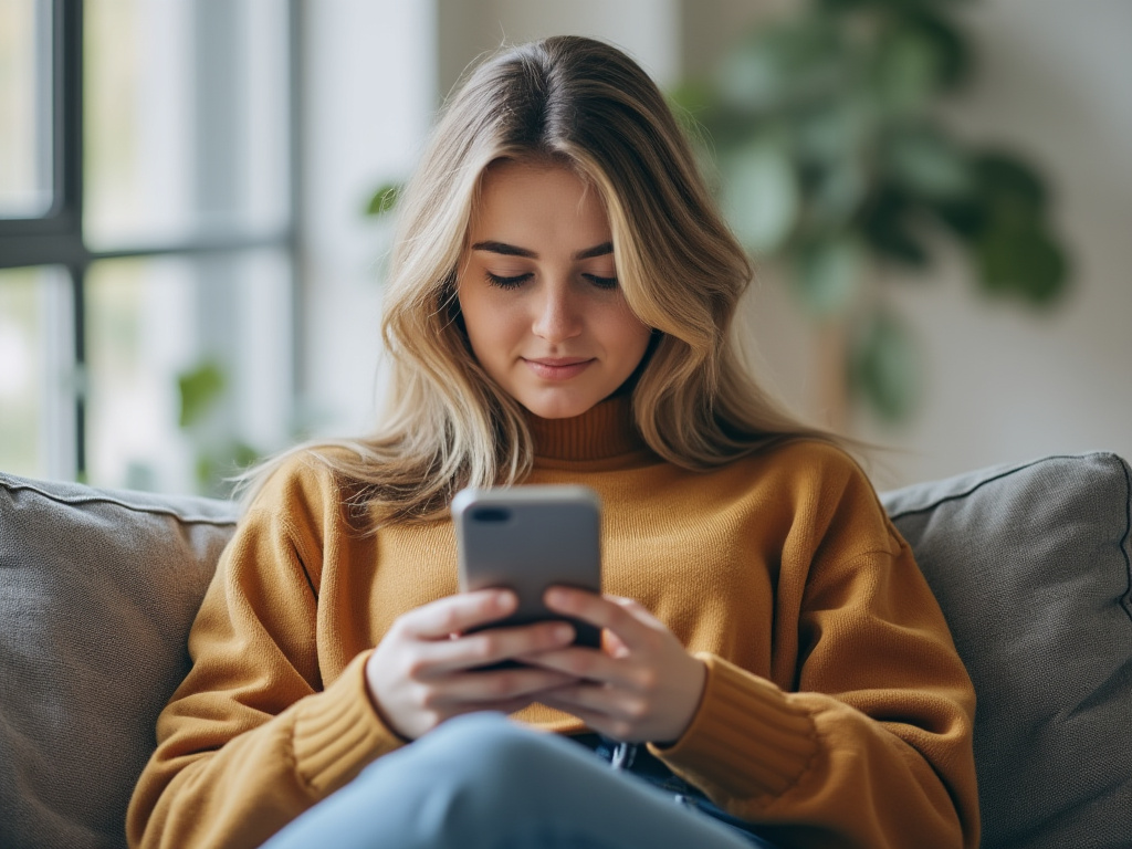 Woman staring at her phone on a couch