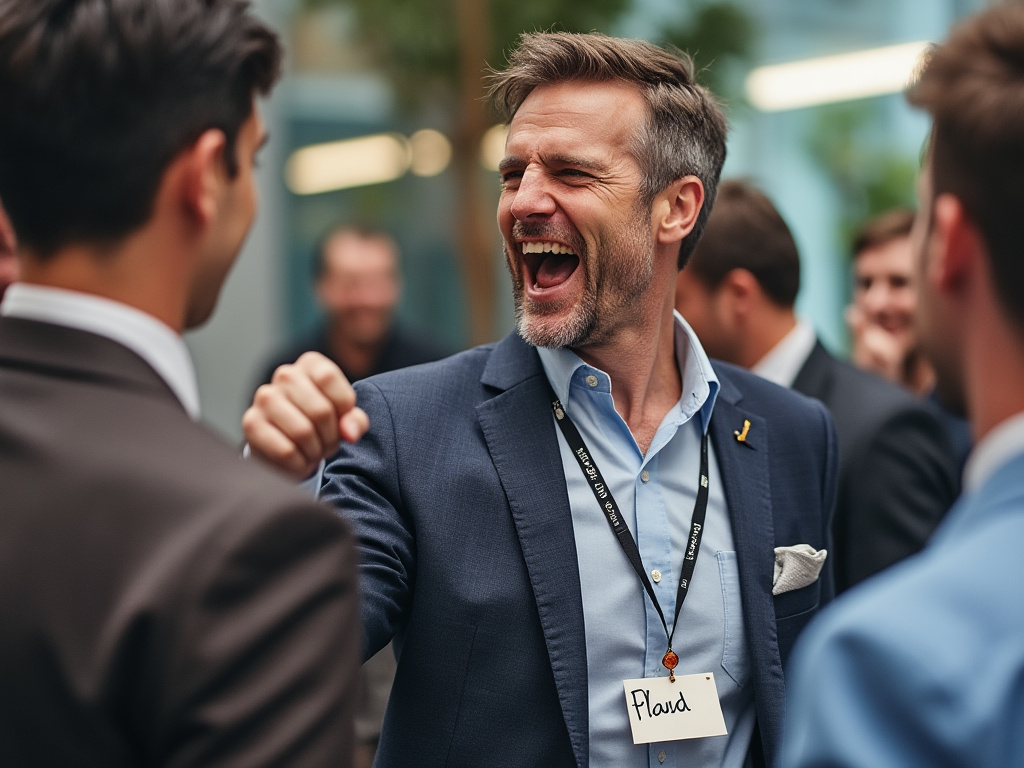 An overly excited businessman wearing a Plaud NotePin necklace, struggling to remember a single name while everyone around him is rolling their eyes.