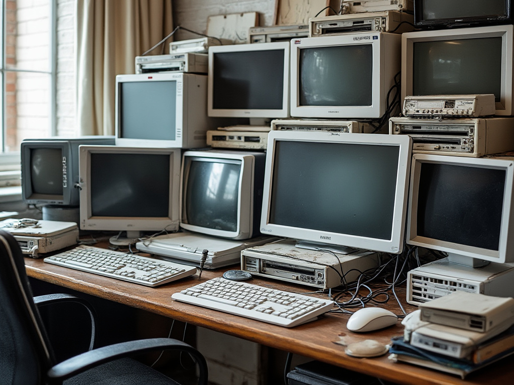 An office desk cluttered with various outdated all-in-one computers, looking sad and neglected.