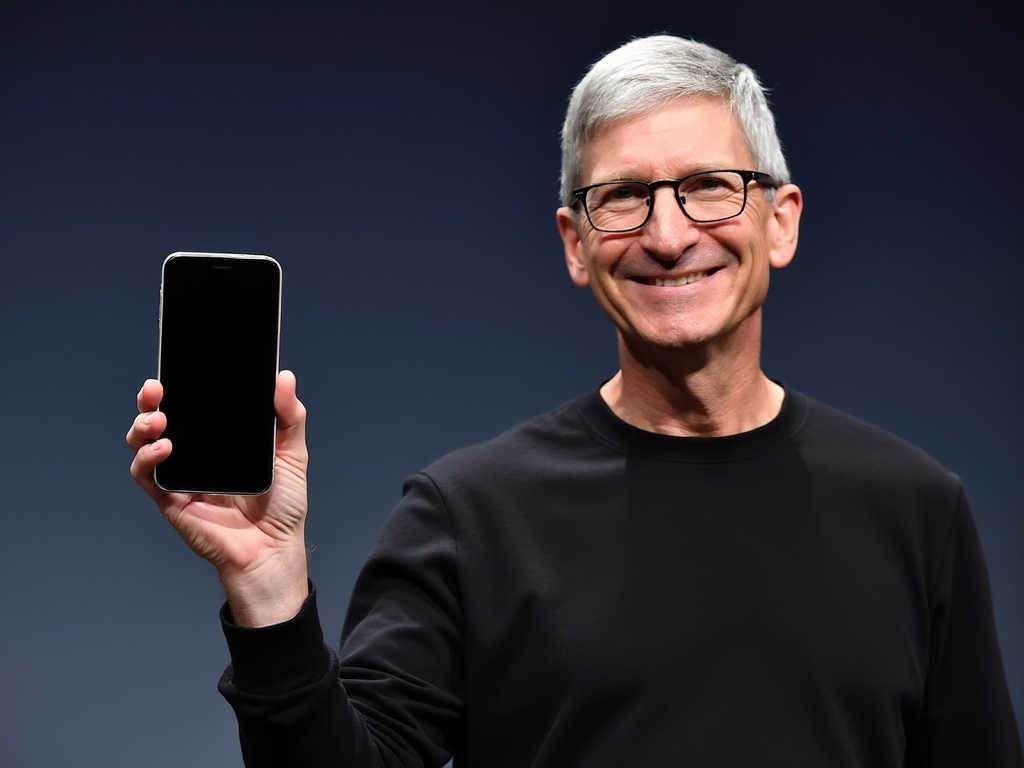 Tim Cook proudly holding up the screenless iPhone on stage