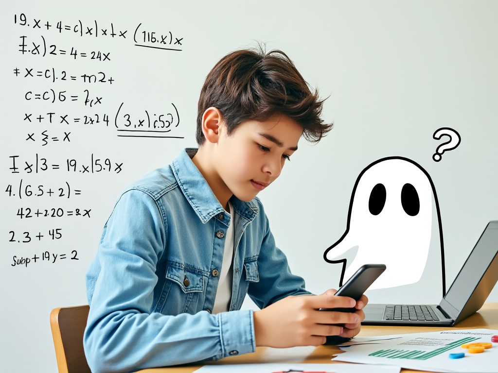 A student pointing their phone at a math problem, while a ghostly calculator looks on in disbelief.
