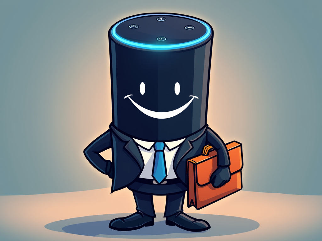 A cartoon of an Amazon Alexa device wearing a business suit and carrying a briefcase