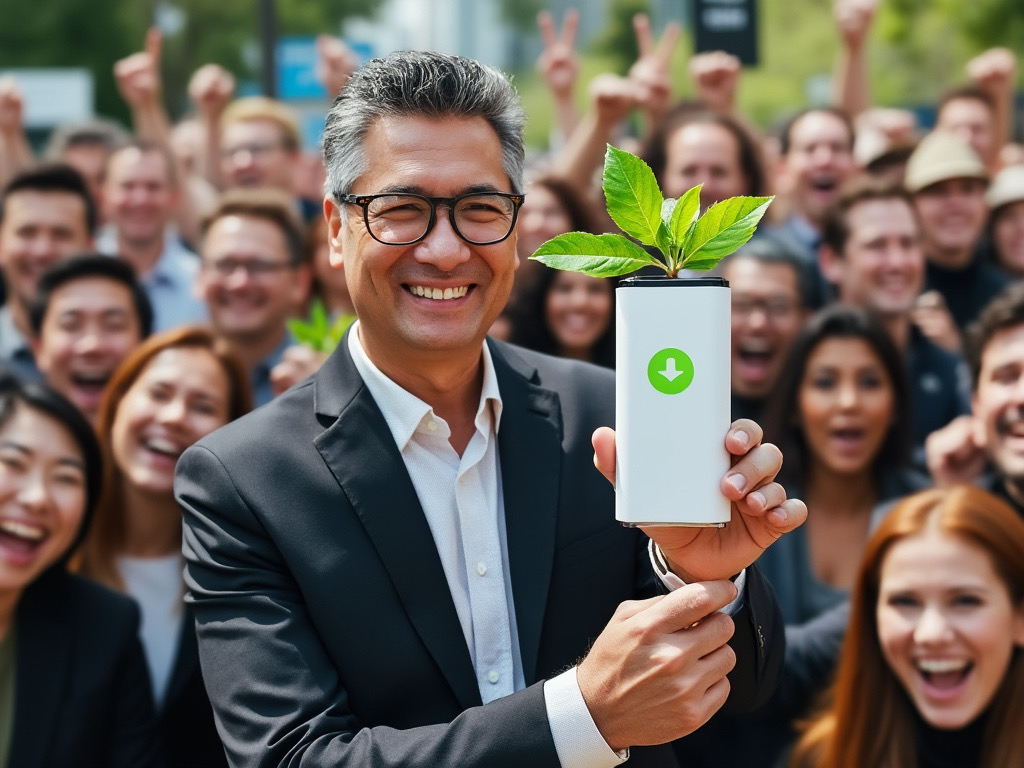 A tech mogul proudly holding a plant-based battery amidst cheering crowds
