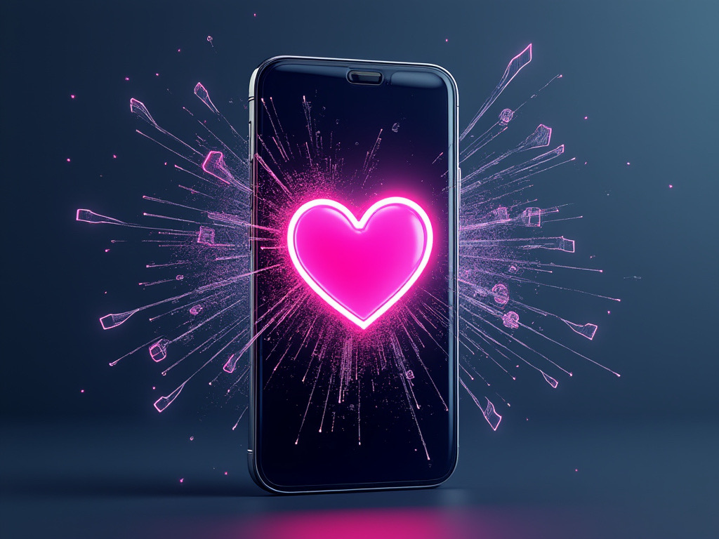 A futuristic smartphone displaying a ghost icon while a heart icon shatters in the background
