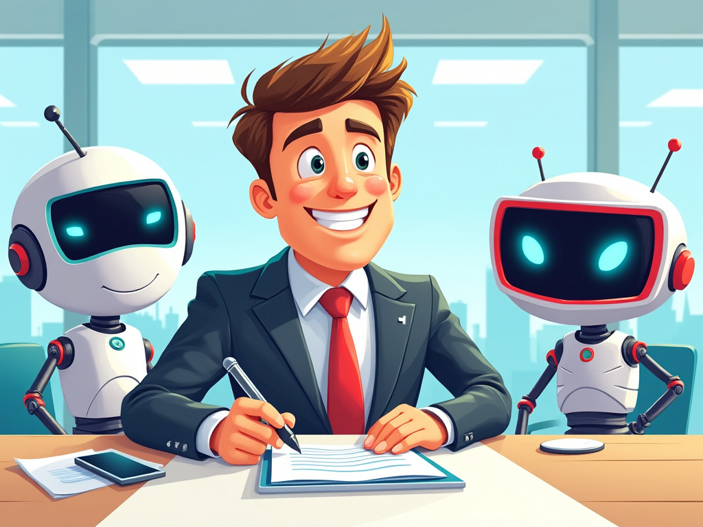 A cartoon of a CEO sitting comfortably at a conference table surrounded by quirky, anthropomorphic robots