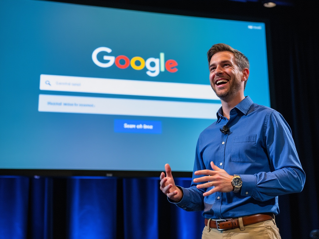 An overly excited Google engineer demoing the new feature with endless search bars on a giant screen