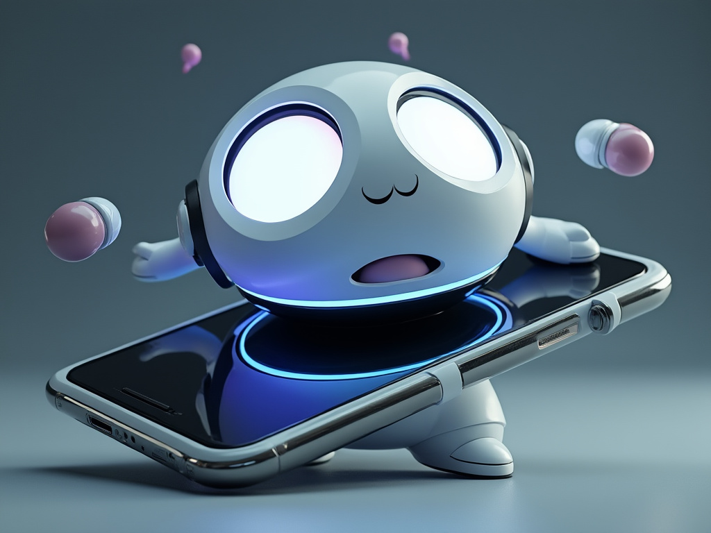 A futuristic smartphone with eyes and a mouth, seemingly trying to distract its user with a juggling act