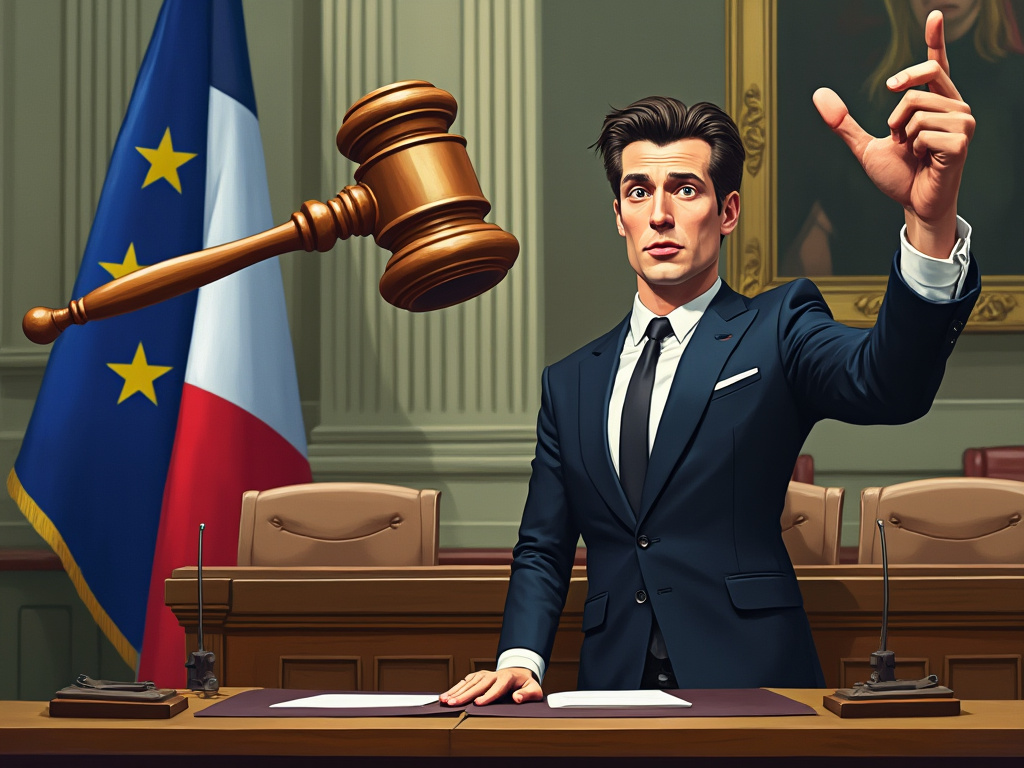Pavel Durov looking bewildered as a cartoonish French judge waves a gigantic gavel