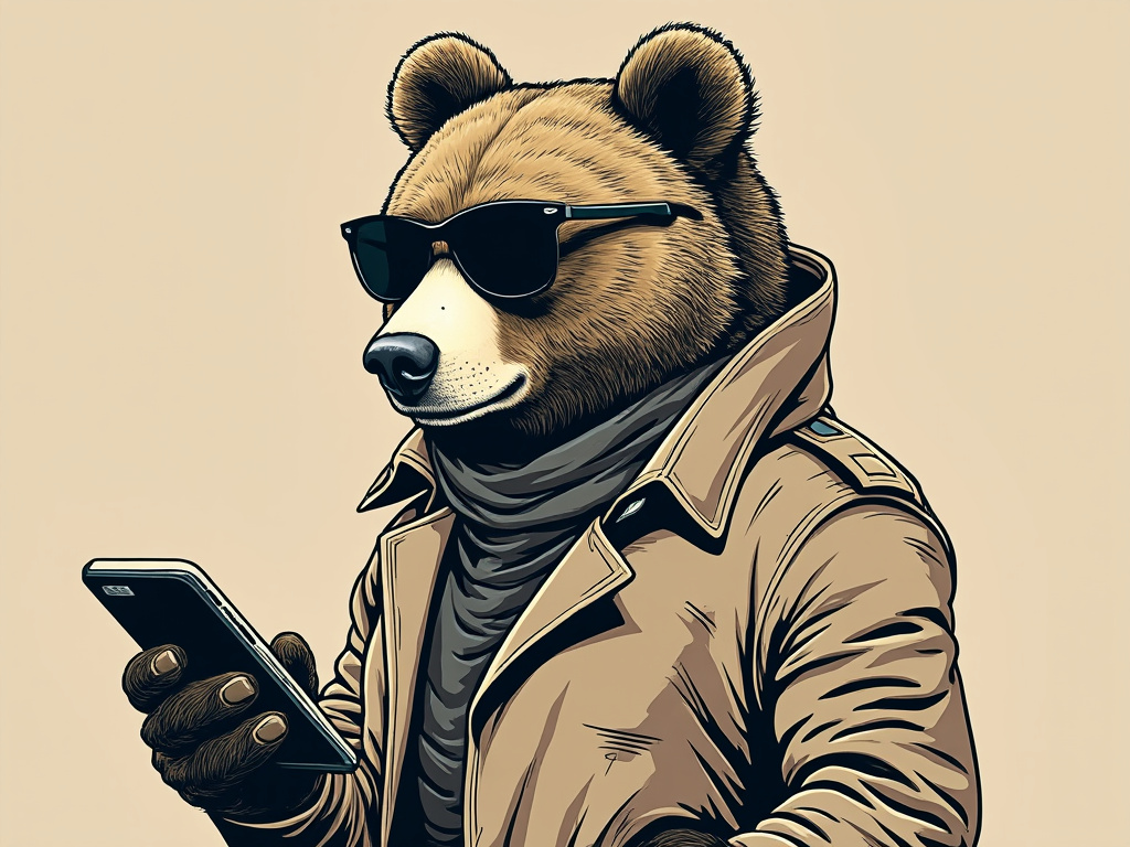 A drawing of a bear wearing a trench coat and fedora, holding a high-tech gadget
