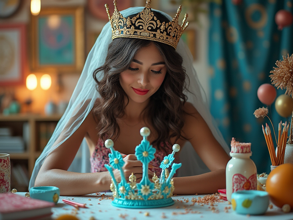 a whimsical image of a wealthy person crafting a 3D-printed crown