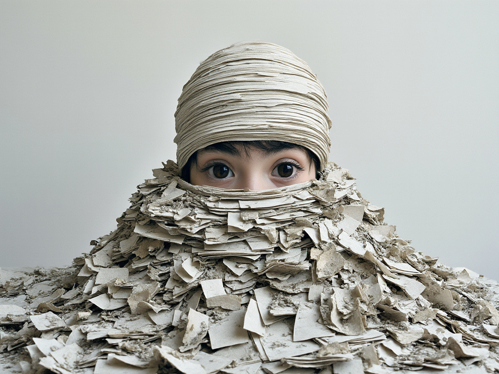 A mountain of various sheets with a small figure peeking out from behind.