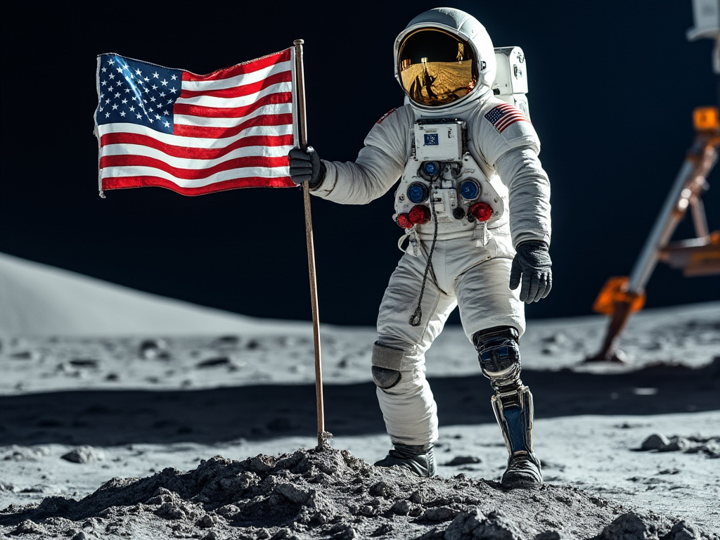 A humorous depiction of John McFall planting a prosthetic leg flag on the moon.