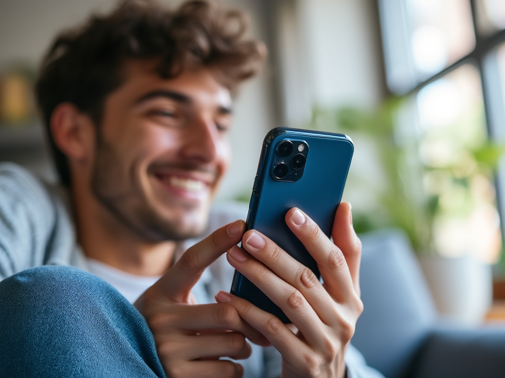 A picture of a new pre-crumpled smartphone with a millennial smiling nostalgically in the background