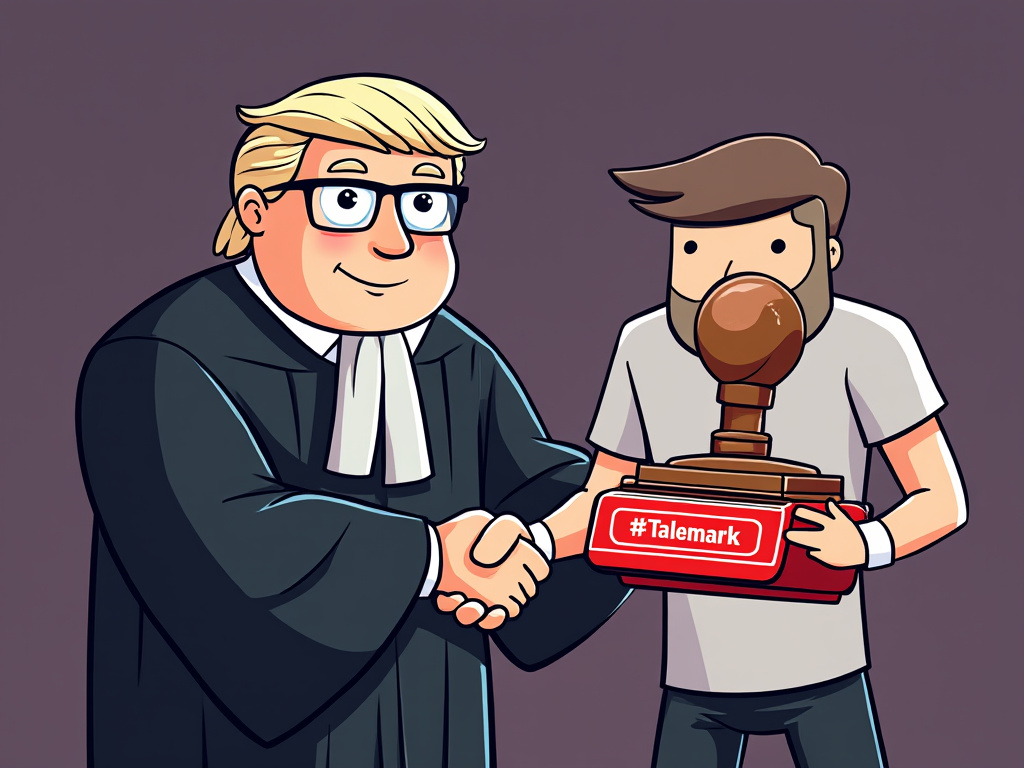 A cartoon of a judge shaking hands with a TikToker holding a giant trademark stamp