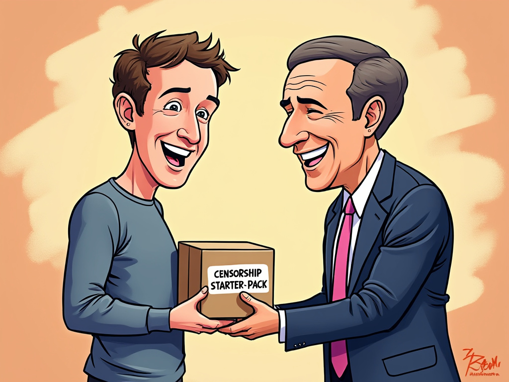 A cartoon of Mark Zuckerberg handing a 'Censorship Starter Pack' to a delighted politician