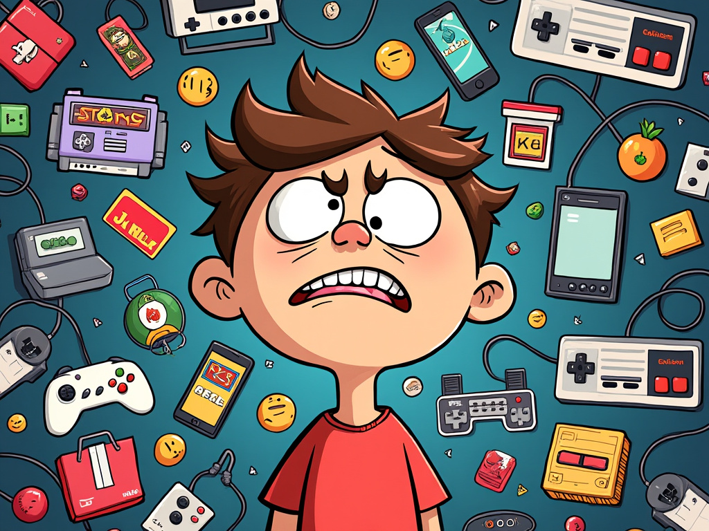 A cartoon drawing of a bewildered nostalgia-filled gamer surrounded by iPhones, controllers, and vintage game icons.