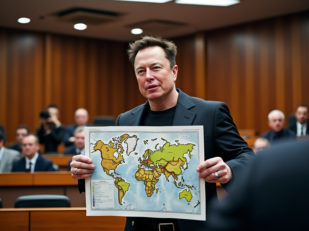 Elon Musk holding a battle map in a courtroom
