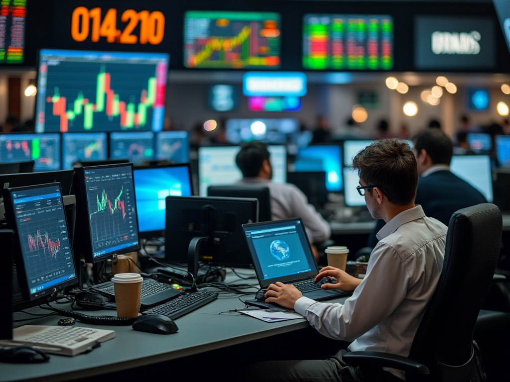 A chaotic trading floor with stressed-out Gen Z bankers juggling laptops, coffee, and existential dread.