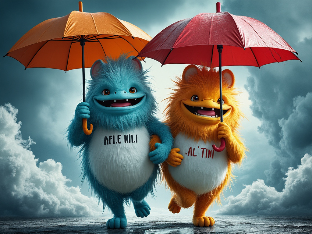 Hurricane mascots representing the Atlantic Niña and La Niña, arm-in-arm, mischievously holding umbrellas amidst storm clouds.