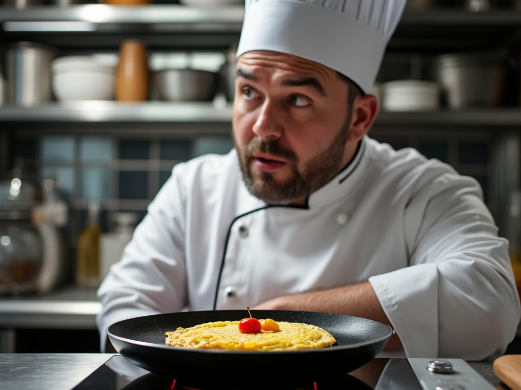 A French chef in disbelief as he watches a high-tech omelet being made with a countertop induction burner.