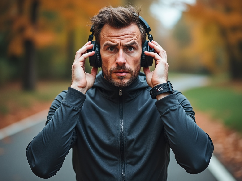 an image of a runner attempting to listen to music with a confused expression