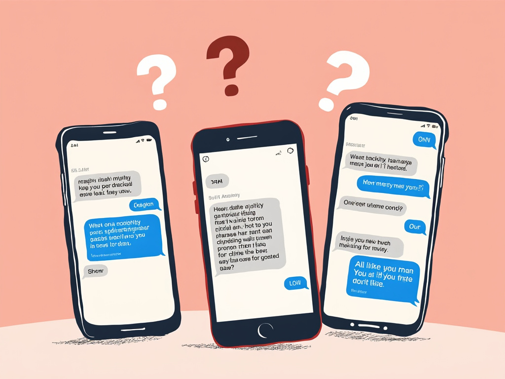 A playful illustration of confused smartphones displaying breakup messages