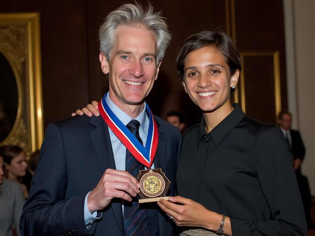A young Timothy Gowers receives his Fields Medal at an awards ceremony