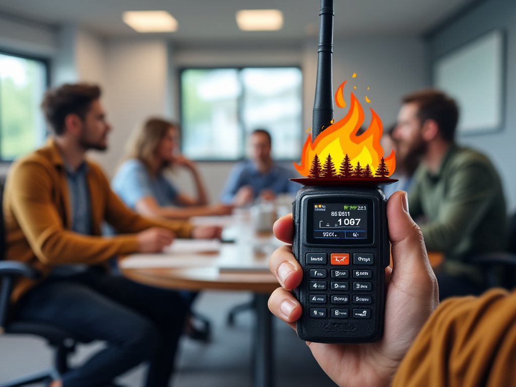 An image of a group of people in a meeting room, with a close-up of a handheld radio with a clipart of a wildfire coming out of it