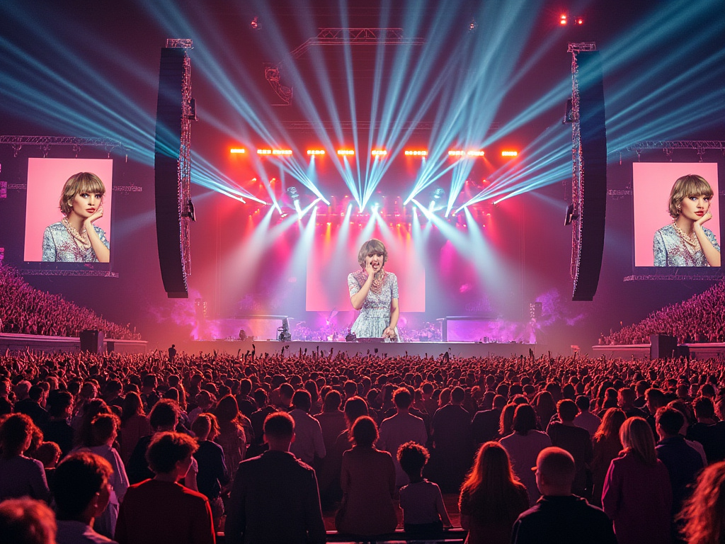 A large Taylor Swift concert filled with thousands of fans.