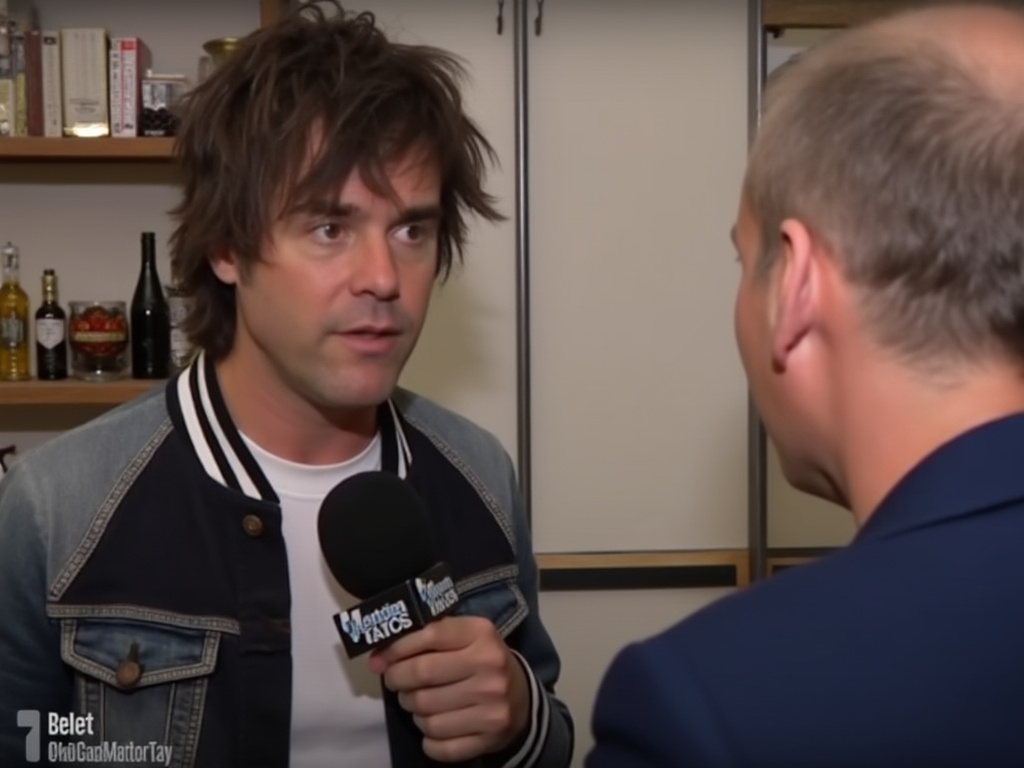 Noel Gallagher having an interview with his brother in the background