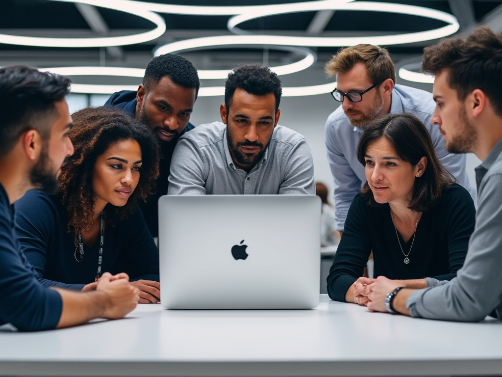 Apple office workers standing around a computer, looking confused