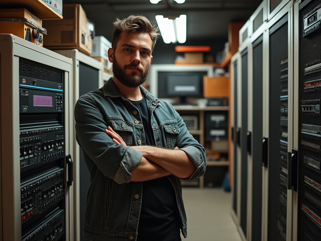 a retro-styled garage server room, filled with outdated tech and a smug hipster posing proudly