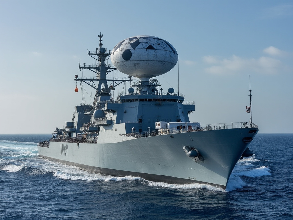 A US Navy warship with a big satelite on top