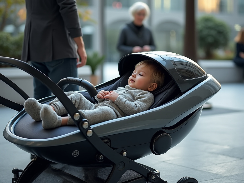 A baby in a stroller sleeping