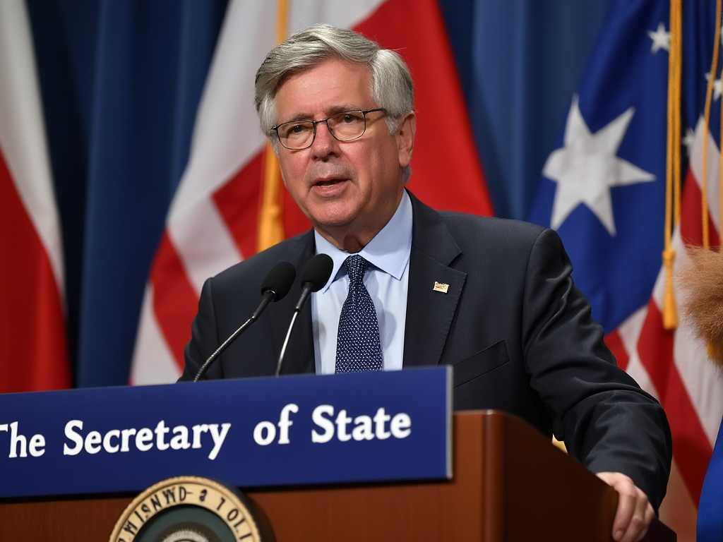 A middle-age man in business attire in front of international flags and speaking at a podium that reads "The Secretary of State".